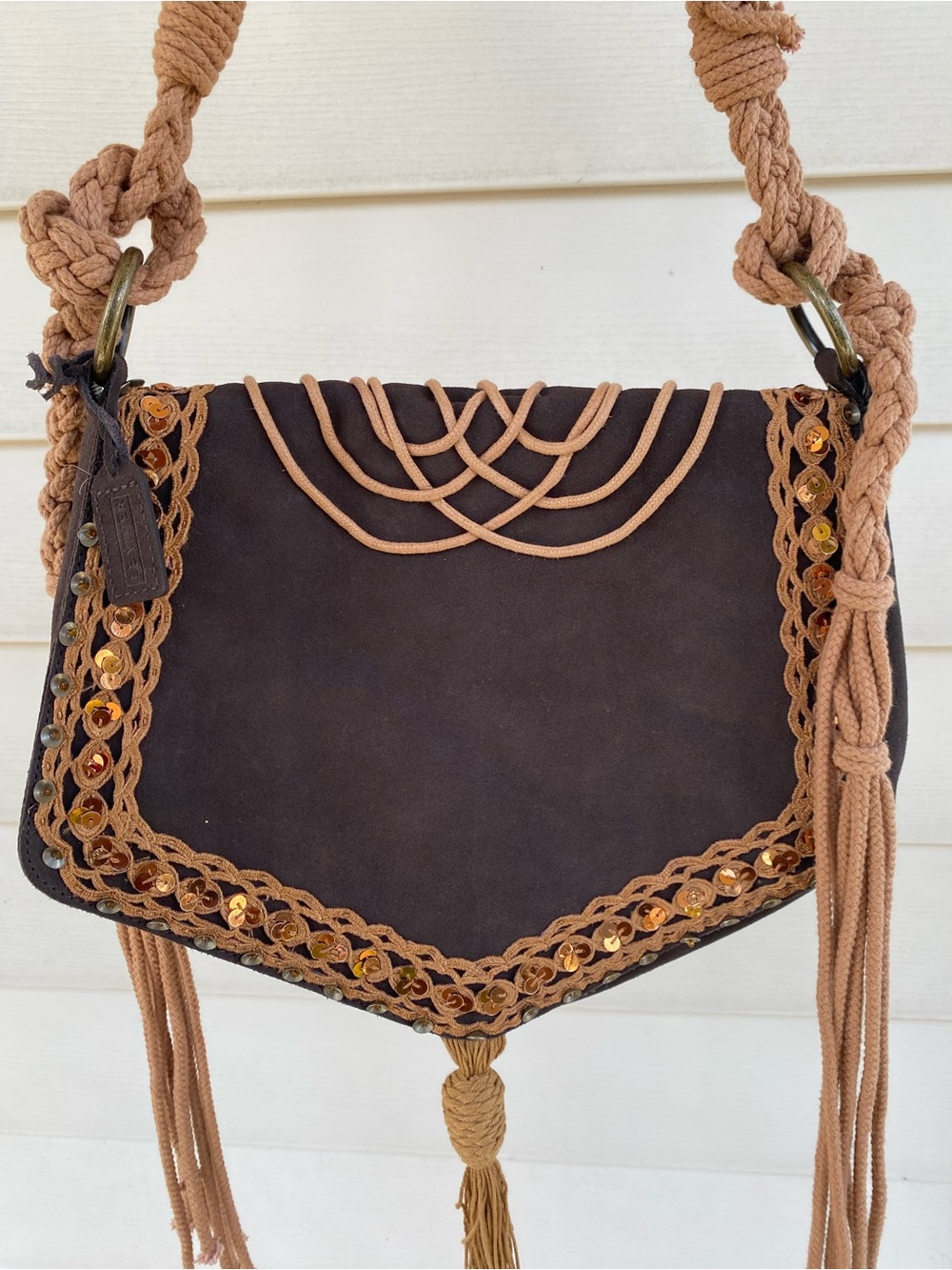 Zara Dark Brown Suede Shoulder Bag with Tan Crochet Trim